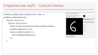UI Application avec JavaFX : Construire l’interface
GridPane gridPane=new GridPane();int index=-1;
gridPane.setDisable(true);
for(int i=0;i<2;i++)
for(int j=0;j<5;j++){
Button button=new Button(String.valueOf(++index));
gridPane.add(button,i,j);
button.setOnAction((evt)->{
learnThisDigitToModel(evt);
});
}
 