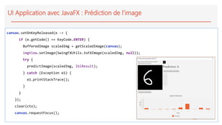 UI Application avec JavaFX : Prédiction de l’image
canvas.setOnKeyReleased(e -> {
if (e.getCode() == KeyCode.ENTER) {
BufferedImage scaledImg = getScaledImage(canvas);
imgView.setImage(SwingFXUtils.toFXImage(scaledImg, null));
try {
predictImage(scaledImg, lblResult);
} catch (Exception e1) {
e1.printStackTrace();
}
}
});
clear(ctx);
canvas.requestFocus();
 
