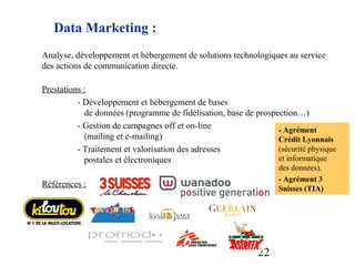 Data Marketing :
Analyse, développement et hébergement de solutions technologiques au service
des actions de communication directe.

Prestations :
          - Développement et hébergement de bases
            de données (programme de fidélisation, base de prospection…)
          - Gestion de campagnes off et on-line                  - Agrément 
            (mailing et e-mailing)                               Crédit Lyonnais 
          - Traitement et valorisation des adresses              (sécurité physique
            postales et électroniques                            et informatique
                                                                  des données).
                                                                  - Agrément 3 
Références :                                                      Suisses (TIA)




                                                            22
 
