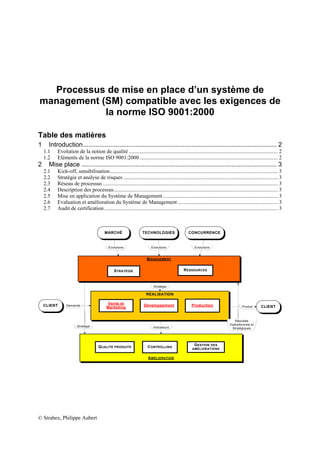 Processus de mise en place d’un système de
management (SM) compatible avec les exigences de
            la norme ISO 9001:2000

Table des matières
1     Introduction........................................................................................................... 2
    1.1   Evolution de la notion de qualité .............................................................................................................. 2
    1.2   Eléments de la norme ISO 9001:2000 ...................................................................................................... 2
2     Mise place ............................................................................................................ 3
    2.1   Kick-off, sensibilisation............................................................................................................................ 3
    2.2   Stratégie et analyse de risques .................................................................................................................. 3
    2.3   Réseau de processus ................................................................................................................................. 3
    2.4   Description des processus......................................................................................................................... 3
    2.5   Mise en application du Système de Management ..................................................................................... 3
    2.6   Evaluation et amélioration du Système de Management .......................................................................... 3
    2.7   Audit de certification ................................................................................................................................ 3



                                          MARCHÉ                   TECHNOLOGIES                    CONCURRENCE


                                            Evolutions                   Evolutions                    Evolutions


                                                                      M ANAGEMENT


                                                S TRATÉGIE                                      R ESSOURCES



                                                                           Stratégie

                                                                      RÉALISATION

                                            Vente et                Développement                    Production
    CLIENT     Demande
                                           Marketing                                                                                   Produit      CLIENT


                                                                                                                                 Résultats
                                                                                                                               Opérationnels et
                       Stratégie                                           Indicateurs                                          Stratégiques




                                                                                                      G ESTION DES
                                     Q UALITÉ PRODUITS                 C ONTROLLING                  AMÉLIORATIONS


                                                                       A MÉLIORATION




© Strabex, Philippe Aubert
 
