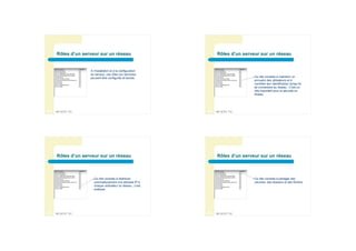 Rôles d’un serveur sur un réseau                            Rôles d’un serveur sur un réseau


                   A l’installation et à la configuration
                   du serveur, ces rôles (ou services)
                   peuvent être configurés et lancés.                            Ce rôle consiste à maintenir un
                                                                                 annuaire des utilisateurs et à
                                                                                 contrôler leur identification lorsqu’ils
                                                                                 se connectent au réseau ; C’est un
                                                                                 rôle important pour la sécurité du
                                                                                 réseau.




41   BPJEPS TIC                                             42   BPJEPS TIC




     Rôles d’un serveur sur un réseau                            Rôles d’un serveur sur un réseau



                     Ce rôle consiste à distribuer                               Ce rôle consiste à partager des
                     automatiquement une adresse IP à                            volumes, des dossiers et des fichiers.
                     chaque ordinateur du réseau ; c’est
                     pratique.




43   BPJEPS TIC                                             44   BPJEPS TIC
 