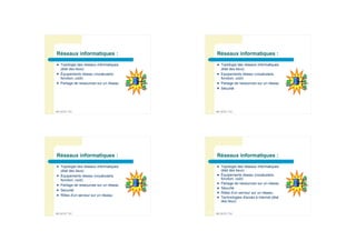 Réseaux informatiques :                       Réseaux informatiques :
       Topologie des réseaux informatiques          Topologie des réseaux informatiques
        (état des lieux)                              (état des lieux)
       Équipements réseau (vocabulaire,             Equipements réseau (vocabulaire,
        fonction, coût)                               fonction, coût)
       Partage de ressources sur un réseau          Partage de ressources sur un réseau
                                                     Sécurité




5   BPJEPS TIC                                6   BPJEPS TIC




    Réseaux informatiques :                       Réseaux informatiques :
       Topologie des réseaux informatiques          Topologie des réseaux informatiques
        (état des lieux)                              (état des lieux)
       Équipements réseau (vocabulaire,             Équipements réseau (vocabulaire,
        fonction, coût)                               fonction, coût)
       Partage de ressources sur un réseau
                                                     Partage de ressources sur un réseau
                                                     Sécurité
       Sécurité
                                                     Rôles d'un serveur sur un réseau
       Rôles d'un serveur sur un réseau
                                                     Technologies d'accès à internet (état
                                                      des lieux)


7   BPJEPS TIC                                8   BPJEPS TIC
 
