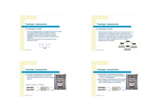Topologie / équipements                                                        Topologie / équipements

        Topologie en étoile                                                           Topologie en étoile
         Dans une topologie en étoile, les ordinateurs du réseau sont reliés            Contrairement aux réseaux construits sur une topologie en bus, les
         à un système matériel appelé commutateur (switch) ou
                                                                                        réseaux suivant une topologie en étoile sont beaucoup moins
         concentrateur (hub). Il s'agit d'une boîte, plus ou moins
         intelligente, comprenant un certain nombre de jonctions                        vulnérables car on peut aisément retirer une des connexions en la
         auxquelles on peut connecter les câbles en provenance des                      débranchant du commutateur sans pour autant paralyser le reste
         ordinateurs.                                                                   du réseau. En revanche un réseau à topologie en étoile est plus
         Celui-ci a pour rôle d'assurer la communication entre les                      onéreux qu'un réseau à topologie en bus car un matériel
         différentes jonctions.                                                         supplémentaire est nécessaire.




17   BPJEPS TIC                                                                18   BPJEPS TIC




     Topologie / équipements                                                        Topologie / équipements

     Une armoire de brassage et des commutateurs                                    La technologie de raccordement actuellement
       permettent d’interconnecter physiquement                                        utilisée est le cuivre qui permet des débits de

       externe.
                                            
       tous ces matériels entre eux ou vers le réseau

                                                                         
                                                                                       10, 100 ou 1000 Mégabits/s.
                                                                                    La technologie de raccordement par fibre optique
                                                                                       fait son apparition sur le marché grand public
                                                                                       mais le surcoût reste encore important.
      Switch 5 ports = 15 euros




19   BPJEPS TIC                                                                20   BPJEPS TIC
 