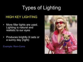 Types of Lighting HIGH KEY LIGHTING More filler lights are used. Lighting is natural and realistic to our eyes Produces brightly lit sets or a sunny day (right) Example: Rom-Coms 
