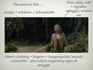 Deconstruct this..... Jungle = wildness / inhospitable  Anne ’ s clothing = lingerie = inappropriate/sexual/ vulnerable - also soiled suggesting signs of  struggle  Hair, dirty, wet = signifies struggle/weariness 