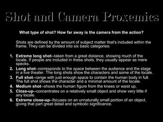 Shot and Camera Proxemics
     What type of shot? How far away is the camera from the action?

   Shots are defined by the amount of subject matter that's included within the
   frame. They can be divided into six basic categories:

1. Extreme long shot--taken from a great distance, showing much of the
   locale. If people are included in these shots, they usually appear as mere
   specks.
2. Long shot--corresponds to the space between the audience and the stage
   in a live theater. The long shots show the characters and some of the locale.
3. Full shot--range with just enough space to contain the human body in full.
   The full shot shows the character and a minimal amount of the locale.
4. Medium shot--shows the human figure from the knees or waist up.
5. Close-up--concentrates on a relatively small object and show very little if
   any locale.
6. Extreme close-up--focuses on an unnaturally small portion of an object,
   giving that part great detail and symbolic significance.
 