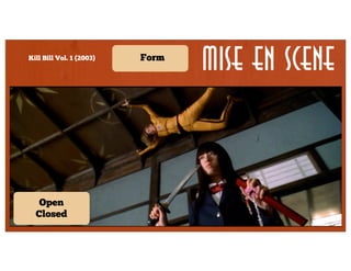 Kill Bill Vol. 1 (2003)

Form

Mise en Scene

Lighting

Lens/filter/
stock

Form

Staging

Shot

Secondary

Framing

Character
proximity

Open
Angle
Closed

Density

Depth

 