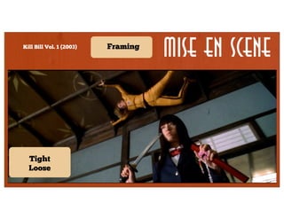 Kill Bill Vol. 1 (2003)

Framing

Mise en Scene

Lighting

Lens/filter/
stock

Form

Staging

Shot

Secondary

Framing

Character
proximity

Tight
Angle
Loose

Density

Depth

 