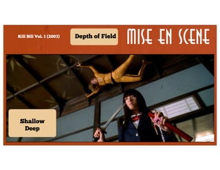 Kill Bill Vol. 1 (2003)

Depth of Field

Mise en Scene

Lighting

Lens/filter/
stock

Form

Staging

Shot

Secondary

Framing

Character
proximity

Shallow
Angle
Deep

Density

Depth

 