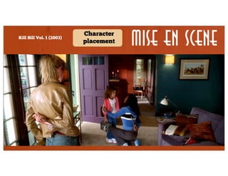 Kill Bill Vol. 1 (2003)

Character
placement

Mise en Scene

Horizontal
Vertical
Diagonal
Lighting
Binary
Triangle
Circular
Shot

Lens/filter/
stock

Form

Staging

Secondary

Framing

Character
proximity

Angle

Density

Depth

 