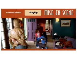 Kill Bill Vol. 1 (2003)

Staging

Mise en Scene

Horizontal
Vertical
Diagonal
Lighting
Binary
Triangle
Circular
Shot

Lens/filter/
stock

Form

Staging

Secondary

Framing

Character
proximity

Angle

Density

Depth

 