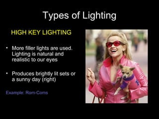 Types of Lighting
HIGH KEY LIGHTING
• More filler lights are used.
Lighting is natural and
realistic to our eyes
• Produces brightly lit sets or
a sunny day (right)
Example: Rom-Coms
 