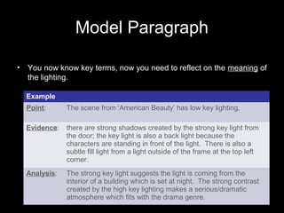 Model Paragraph
• You now know key terms, now you need to reflect on the meaning of
the lighting.
Example
Point: The scene from ‘American Beauty’ has low key lighting,
Evidence: there are strong shadows created by the strong key light from
the door; the key light is also a back light because the
characters are standing in front of the light. There is also a
subtle fill light from a light outside of the frame at the top left
corner.
Analysis: The strong key light suggests the light is coming from the
interior of a building which is set at night. The strong contrast
created by the high key lighting makes a serious/dramatic
atmosphere which fits with the drama genre.
 