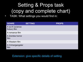 Setting & Props task
(copy and complete chart)
• TASK: What settings you would find in:
Extension: give specific details of setting
GENRE SETTING PROPS
A sci-fi (science
fiction) film
A romance film
A Zombie horror
film
A Western film
A Crime/gangster
film
 