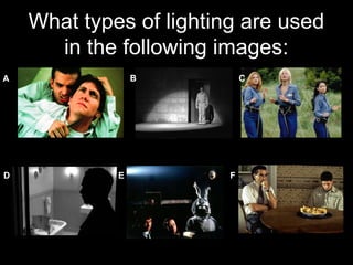 What types of lighting are used
in the following images:
A
FD
C
E
B
 