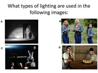 What types of lighting are used in the 
following images: 
A 
B 
C D 
 