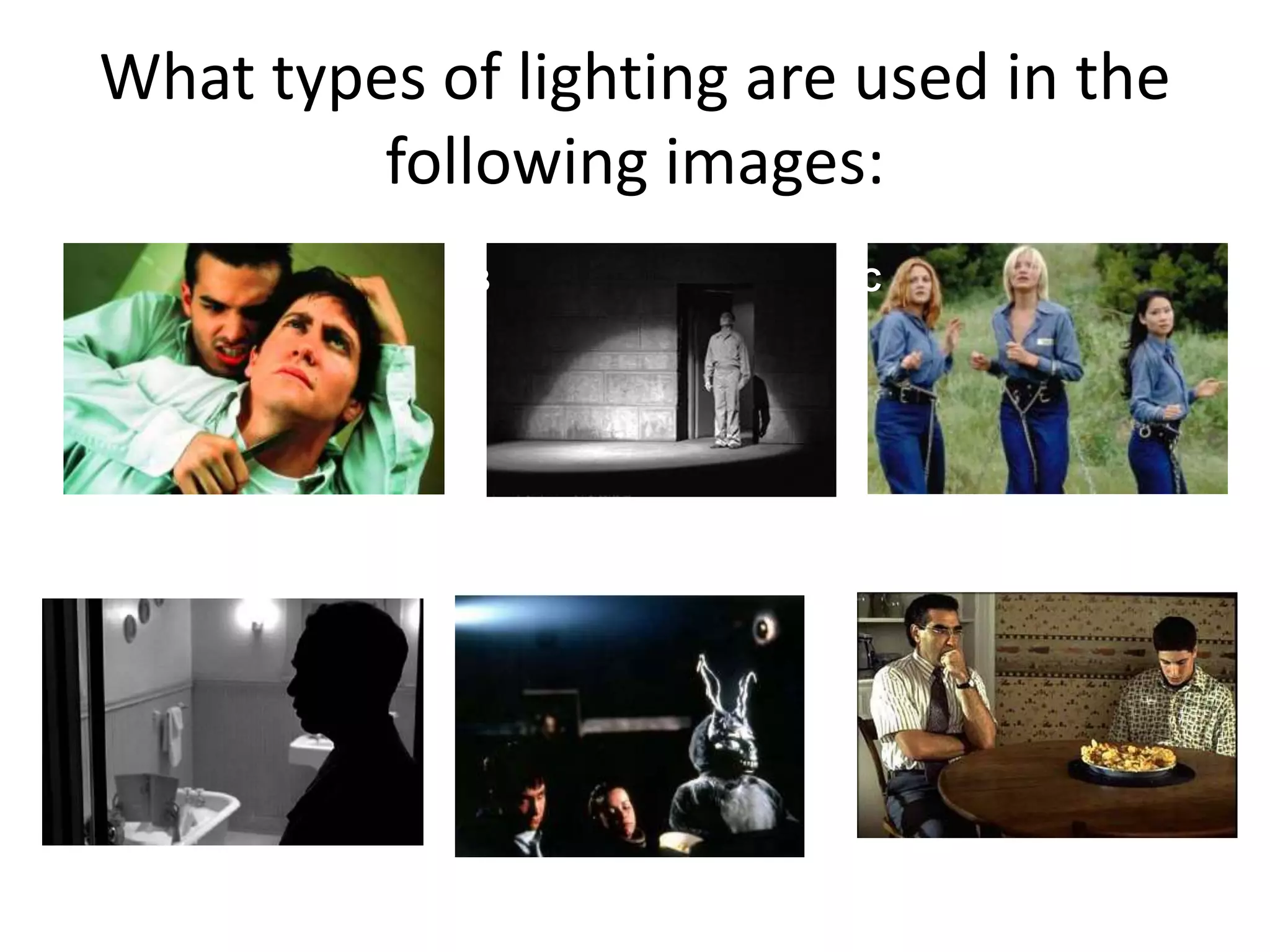What types of lighting are used in the 
following images: 
A 
D F 
C 
E 
B 
 