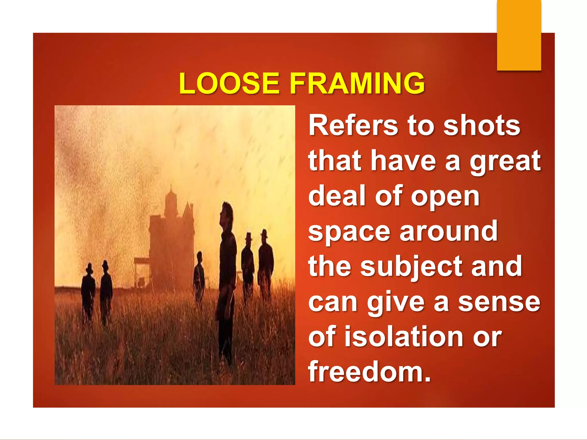 LOOSE FRAMING 
Refers to shots 
that have a great 
deal of open 
space around 
the subject and 
can give a sense 
of isolation or 
freedom. 
 