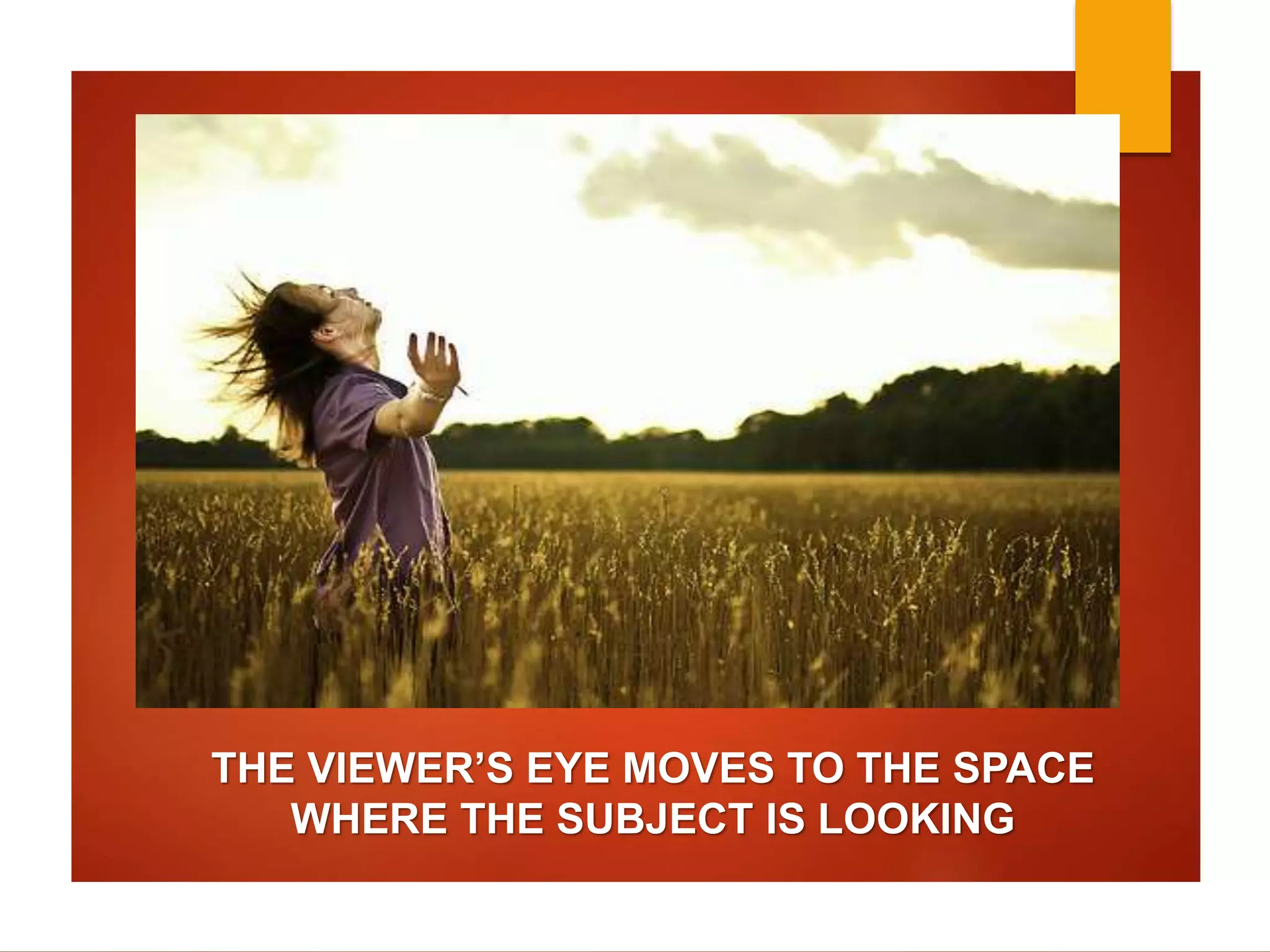 THE VIEWER’S EYE MOVES TO THE SPACE 
WHERE THE SUBJECT IS LOOKING 
 
