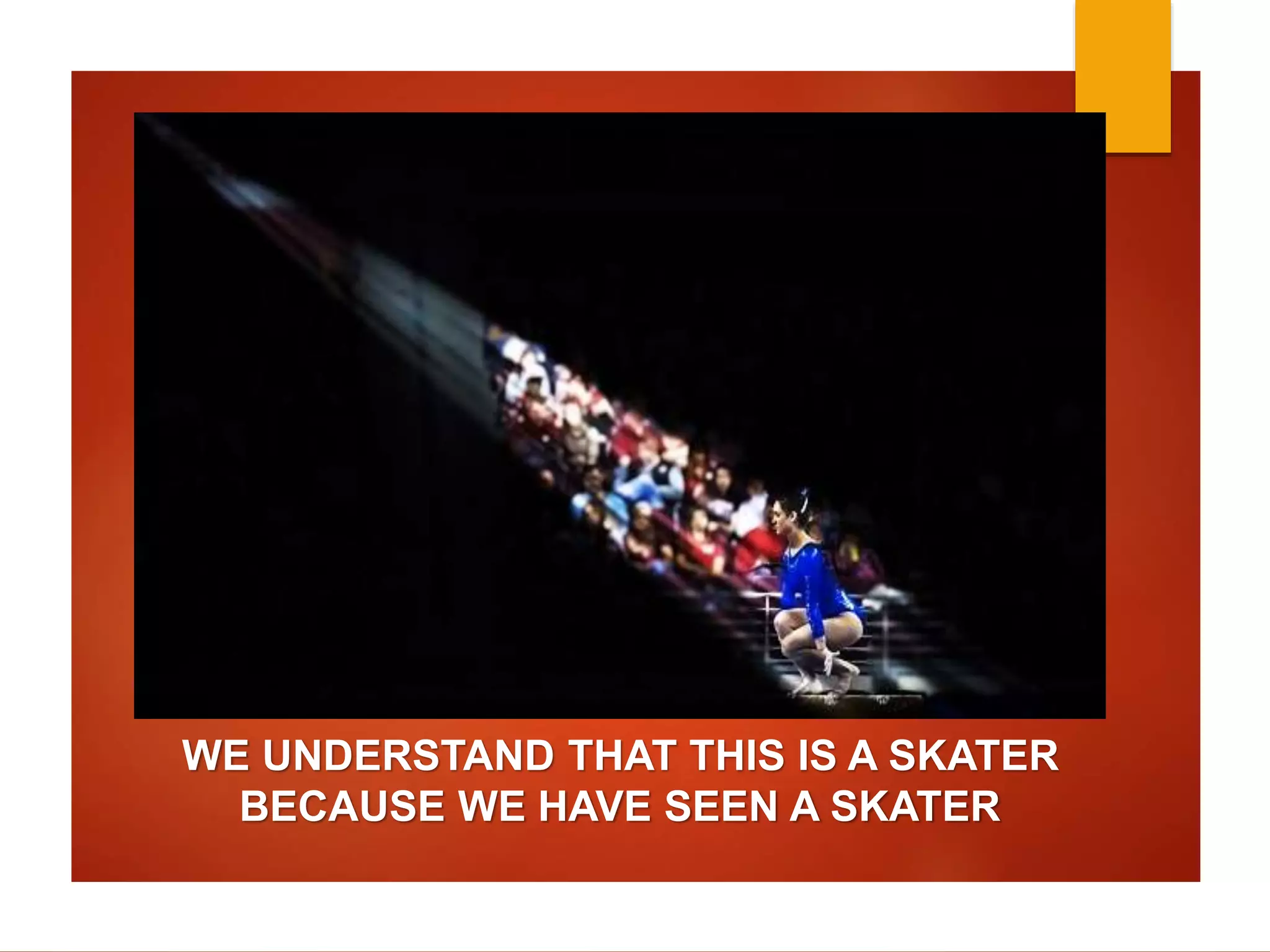 WE UNDERSTAND THAT THIS IS A SKATER 
BECAUSE WE HAVE SEEN A SKATER 
 