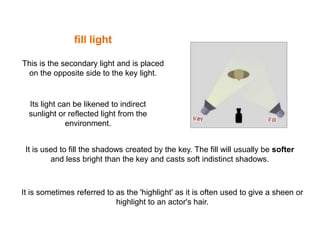 fill light
This is the secondary light and is placed
on the opposite side to the key light.

Its light can be likened to indirect
sunlight or reflected light from the
environment.
It is used to fill the shadows created by the key. The fill will usually be softer
and less bright than the key and casts soft indistinct shadows.

It is sometimes referred to as the 'highlight' as it is often used to give a sheen or
highlight to an actor's hair.

 