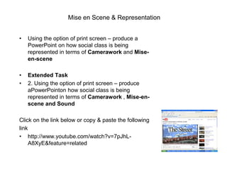 Character PlacementWhat part of the framed space do the characters occupy? Center? Top? Bottom? Edges? Why?･The area near the top of the frame can suggest ideas dealing with power, authority, and aspiration.･The areas near the bottom of the frame tend to suggest meanings opposite from the top: subservience, vulnerability, and powerlessness.･The left and right edges of the frame tend to suggest insignificance because these are the areas farthest removed from the center of the screen.
