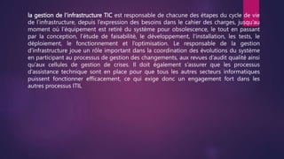 la gestion de l’infrastructure TIC est responsable de chacune des étapes du cycle de vie
de l’infrastructure, depuis l’expression des besoins dans le cahier des charges, jusqu’au
moment où l’équipement est retiré du système pour obsolescence, le tout en passant
par la conception, l’étude de faisabilité, le développement, l’installation, les tests, le
déploiement, le fonctionnement et l’optimisation. Le responsable de la gestion
d’infrastructure joue un rôle important dans la coordination des évolutions du système
en participant au processus de gestion des changements, aux revues d’audit qualité ainsi
qu’aux cellules de gestion de crises. Il doit également s’assurer que les processus
d’assistance technique sont en place pour que tous les autres secteurs informatiques
puissent fonctionner efficacement, ce qui exige donc un engagement fort dans les
autres processus ITIL
 