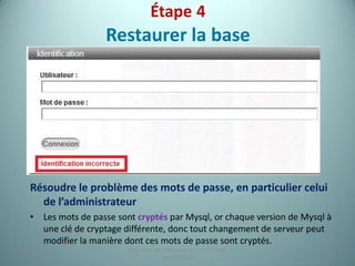 Étape 4
                     Restaurer la base




   Résoudre le problème des mots de passe, en particulier celui
     de l’administrateur
   • Les mots de passe sont cryptés par Mysql, or chaque version de Mysql à
     une clé de cryptage différente, donc tout changement de serveur peut
     modifier la manière dont ces mots de passe sont cryptés.
                          Migration de PMB version 2.1.27 à PMB
25/12/2012                                                                12
                                       version 3.5.1
 