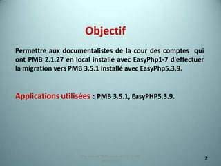 Objectif
 Permettre aux documentalistes de la cour des comptes qui
 ont PMB 2.1.27 en local installé avec EasyPhp1-7 d'effectuer
 la migration vers PMB 3.5.1 installé avec EasyPhp5.3.9.


 Applications utilisées : PMB 3.5.1, EasyPHP5.3.9.




                     Migration de PMB version 2.1.27 à PMB
25/12/2012
                                  version 3.5.1                 2
 