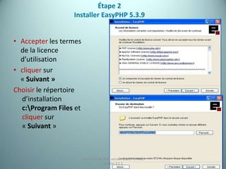 Étape 2
                  Installer EasyPHP 5.3.9


• Accepter les termes
  de la licence
  d’utilisation
• cliquer sur
  « Suivant »
Choisir le répertoire
  d’installation
  c:Program Files et
  cliquer sur
  « Suivant »



                        Migration de PMB version 2.1.27 à PMB
25/12/2012
                                     version 3.5.1              5
 