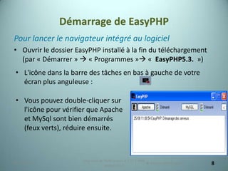 Démarrage de EasyPHP
Pour lancer le navigateur intégré au logiciel
• Ouvrir le dossier EasyPHP installé à la fin du téléchargement
  (par « Démarrer »  « Programmes » « EasyPHP5.3. »)
 • L'icône dans la barre des tâches en bas à gauche de votre
   écran plus anguleuse :

 • Vous pouvez double-cliquer sur
   l'icône pour vérifier que Apache
   et MySql sont bien démarrés
   (feux verts), réduire ensuite.



                      Migration de PMB version 2.1.27 à PMB
25/12/2012
                                   version 3.5.1
                                                            © Antonin Benoît DIOUF   8
 