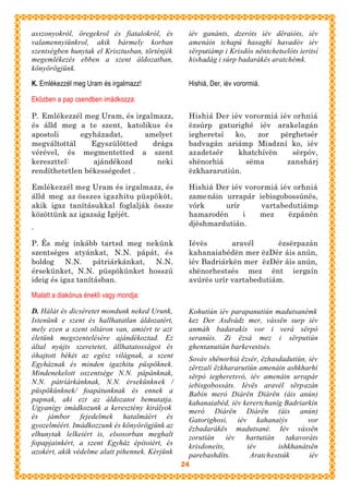 asszonyokról, öregekrol és fiatalokról, és       iév ganánts, dzeróts iév dëraióts, iév
valamennyiünkrol, akik bármely korban            amenáin tchapú hasaghí havadóv iév
szentségben hunytak el Krisztusban, történjék    sërputiámp i Krisdós nëntchetselóts ieritsí
megemlékezés ebben a szent áldozatban,           hishadág i súrp badarákës aratchémk.
könyörögjünk.

K. Emlékezzél meg Uram és irgalmazz!             Hishiá, Der, iév vorormiá.

Eközben a pap csendben imádkozza:

P. Emlékezzél meg Uram, és irgalmazz,            Hishiá Der iév vorormiá iév orhniá
és álld meg a te szent, katolikus és             ëzsúrp gaturighé iév arakelagán
apostoli      egyházadat,     amelyet            iegheretsí  ko,    zor  përghetsér
megváltottál     Egyszülötted   drága            badvagán ariámp Miadzní ko, iév
vérével, és megmentetted a szent                 azadetsér    khatchívën     sërpóv,
kereszttel:      ajándékozd      neki            shënorhiá       sëma      zanshárj
rendíthetetlen békességedet .                    ëzkhararutiún.

Emlékezzél meg Uram és irgalmazz, és             Hishiá Der iév vorormiá iév orhniá
álld meg az összes igazhitu püspököt,            zamenáin urrapár iebisgobossúnës,
akik igaz tanításukkal foglalják össze           vórk     urír      vartabedutiámp
közöttünk az igazság Igéjét.                     hamarodén     i    mez    ëzpánën
.                                                djëshmardutián.

P. És még inkább tartsd meg nekünk               Iévës       aravél      ëzsërpazán
szentséges atyánkat, N.N. pápát, és              kahanaiabédën mer ëzDér áis anún,
boldog N.N. pátriárkánkat, N.N.                  iév Badriárkën mer ëzDér áis anún,
érsekünket, N.N. püspökünket hosszú              shënorhestsés mez ënt iergaín
ideig és igaz tanításban.                        avúrës urír vartabedutiám.

Mialatt a diakónus énekli vagy mondja:

D. Hálát és dicséretet mondunk neked Urunk,      Kohutiún iév parapanutiún madutsanémk
Istenünk e szent és hallhatatlan áldozatért,     kez Der Asdvádz mer, vássën surp iév
mely ezen a szent oltáron van, amiért te azt     anmáh badarakís vor i verá sërpó
életünk megszentelésére ajándékoztad. Ez         seranúis. Zi ëzsá mez i sërputiún
által nyújts szeretetet, állhatatosságot és      ghentanutián barkevestsés.
óhajtott békét az egész világnak, a szent        Sováv shënorhiá ëzsér, ëzhasdadutiún, iév
Egyháznak és minden igazhitu püspöknek.          zërtzalí ëzkhararutiún amenáin ashkharhí
Mindenekelott oszentsége N.N. pápánknak,         sërpó iegheretsvó, iév amenáin urrapár
N.N. pátriárkánknak, N.N. érsekünknek /          iebisgobossáts. Iévës aravél sërpazán
püspökünknek/ foapátunknak és ennek a            Babín meró Diárën Diárën (áis anún)
papnak, aki ezt az áldozatot bemutatja.          kahanaiabéd, iév kerertchaníg Badriarkín
Ugyanígy imádkozunk a keresztény királyok        meró Diárën Diárën (áis anún)
és jámbor fejedelmek hatalmáért és               Gatorighosi, iév kahanaiýs            vor
gyozelméért. Imádkozzunk és könyörögjünk az      ëzbadarákës madutsané. Iév vássën
elhunytak lelkeiért is, elsosorban meghalt       zorutián     iév  hartutián    takavoráts
fopapjainkért, a szent Egyház építoiért, és      krisdoneíts,       iév      ishkhanátsën
azokért, akik védelme alatt pihennek. Kérjünk    parebashdíts.       Aratchestsúk      iév
                                                24
 