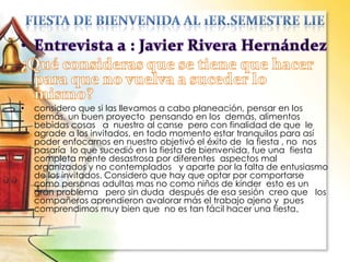 • considero que si las llevamos a cabo planeación, pensar en los
demás, un buen proyecto pensando en los demás, alimentos
bebidas cosas a nuestro al canse pero con finalidad de que le
agrade a los invitados, en todo momento estar tranquilos para así
poder enfocarnos en nuestro objetivó el éxito de la fiesta , no nos
pasaría lo que sucedió en la fiesta de bienvenida, fue una fiesta
completa mente desastrosa por diferentes aspectos mal
organizados y no contemplados y aparte por la falta de entusiasmo
de los invitados. Considero que hay que optar por comportarse
como personas adultas mas no como niños de kínder esto es un
gran problema pero sin duda después de esa sesión creo que los
compañeros aprendieron avalorar más el trabajo ajeno y pues
comprendimos muy bien que no es tan fácil hacer una fiesta.
 