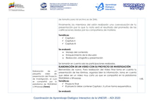Coordinación de Aprendizaje Dialógico Interactivo de la UNESR – ADI 2020
de tamaño para tal archivo es de 2Mb.
Finalmente, los miembros del salón realizarán una coevaluación de tu
presentación por lo que tu nota será el resultado del promedio de las
calificaciones dadas por los compañeros de materia.
Temáticas:
 Capítulo I
 Capítulo II
 Capítulo III
Se evaluará:
 Manejo del contenido
 Enriquecimiento de la discusión
 Redacción, ortografía y presentación
Se tomarán en cuenta solo las participaciones realizadas.
Elaboración de un
pequeño video de
presentación del Proyecto
de Investigación, el cual
se compartirá por la
plataforma de TELEGRAM
o Whasaap (Tarea)
ELABORACIÓN DE UN VIDEO CON SU PROYECTO DE INVESTIGACIÓN
Bienvenidos de nuevo. Para realización del Video final toma en cuenta tu
presentación de tres láminas, organiza bien la información, toma en cuenta
que debe ser un video muy corto ya que se compartirá en la plataforma
TELEGRAM o Whasaap
Temáticas:
 Proyecto final
 El proyecto debe contener Capitulo I, II y III en forma esquemática.
Se evaluará:
15%
 
