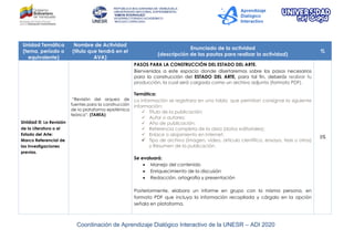 Coordinación de Aprendizaje Dialógico Interactivo de la UNESR – ADI 2020
Unidad Temática
(tema, período o
equivalente)
Nombre de Actividad
(título que tendrá en el
AVA)
Enunciado de la actividad
(descripción de las pautas para realizar la actividad)
%
Unidad II: La Revisión
de la Literatura o el
Estado del Arte:
Marco Referencial de
las Investigaciones
previas.
“Revisión del arqueo de
fuentes para la construcción
de la plataforma epistémica
teórica”. (TAREA)
PASOS PARA LA CONSTRUCCIÓN DEL ESTADO DEL ARTE.
Bienvenidos a este espacio donde disertaremos sobre los pasos necesarios
para la construcción del ESTADO DEL ARTE, para tal fin, deberás realizar tu
producción, la cual será cargada como un archivo adjunto (formato PDF).
Temática:
La información se registrara en una tabla que permitan consignar la siguiente
información:
 Título de la publicación;
 Autor o autores;
 Año de publicación;
 Referencia completa de la obra (datos editoriales);
 Enlace o alojamiento en Internet;
 Tipo de archivo (imagen, vídeo, artículo científico, ensayo, tesis u otros)
y Resumen de la publicación.
Se evaluará:
 Manejo del contenido
 Enriquecimiento de la discusión
 Redacción, ortografía y presentación
Posteriormente, elabora un informe en grupo con la misma persona, en
formato PDF que incluya la información recopilada y cárgalo en la opción
señala en plataforma.
5%
 