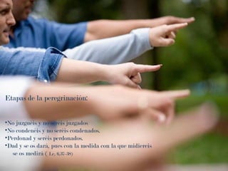 No entanto, esse mover é
persistente, forte e profundo.!
para que caminen ligeros al encuentro
de los cansados y desanimados.
Etapas de la peregrinación:
•No juzguéis y no seréis juzgados
•No condenéis y no seréis condenados.
•Perdonad y seréis perdonados.
•Dad y se os dará, pues con la medida con la que midiereis
se os medirá ( Lc, 6,37-38)
 