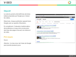 V-SEO
Objectif
Le code du portail a été étoﬀé des dernières
balises proposées par Google pour indexer
les vidéos.

Désormais, chaque publication apparaît dans
Google avec sa vignette d’illustration.

En complément, l’indexation traditionnelle a
été améliorée au niveau de la construction
des titres des pages d’accueil, de chaînes et
de vidéo.

Pré-requis
Aucun.

Attention : la mise à jour de l’index de Google
peut prendre plusieurs jours.

LIBCAST.com

 