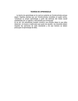 TEORÍAS DE APRENDIZAJE

   La teoría de aprendizaje en la cual se sustenta es Constructivista porque
según Vigotsky plantea que ser Constructivista considera al sujeto activo,
“construye su propio aprendizaje a partir del estímulo del medio social
mediatizado por un agente y vehiculizado por el lenguaje”
Si es así, los estudiantes pueden construir sus propias ideas lo que ellos
observan, no busca a nadie para que quien los ayuden, los docentes deben
respetar las opiniones de cada estudiante y de esa manera se deben
preocupar el aprendizaje de ellos.
 