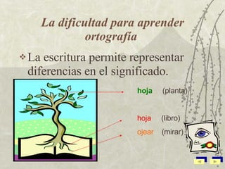 La dificultad para aprender ortografía   La escritura permite representar diferencias en el significado. hoja   (planta) hoja  (libro) ojear  (mirar) 