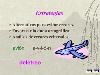 Estrategias   Alternativas para evitar errores. Favorecer la duda ortográfica .  Análisis de errores reiterados .  avión  a-v-i-ó-n deletreo 