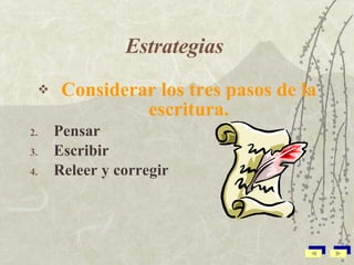 Estrategias   Considerar los tres pasos de la escritura. Pensar Escribir Releer y corregir 