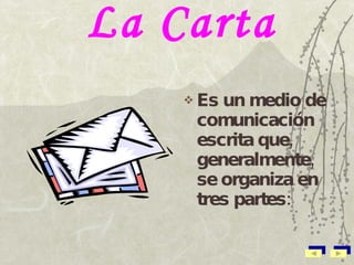 La Carta Es un medio de comunicación escrita que, generalmente, se organiza en tres partes: 