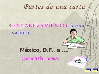 Partes de una carta ENCABEZAMIENTO :   fecha y saludo. México, D.F., a .... Querida tía Lorena: 