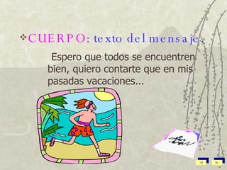 CUERPO : texto del mensaje. Espero que todos se encuentren bien, quiero contarte que en mis pasadas vacaciones... 