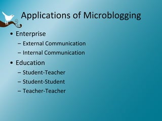 Applications of Microblogging Enterprise External Communication Internal Communication Education Student-Teacher Student-Student Teacher-Teacher 