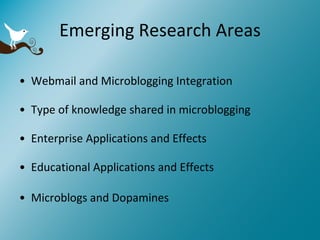 Emerging Research Areas Webmail and Microblogging Integration Type of knowledge shared in microblogging Enterprise Applications and Effects Educational Applications and Effects Microblogs and Dopamines 