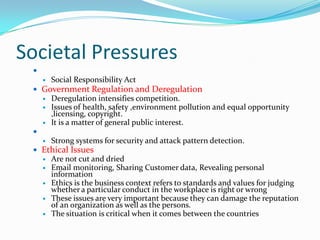 Societal Pressures
  Social Responsibility
      Social Responsibility Act
  Government Regulation and Deregulation
      Deregulation intensifies competition.
      Issues of health, safety ,environment pollution and equal opportunity
       ,licensing, copyright.
      It is a matter of general public interest.
  Protection Against Terrorist Attacks
      Strong systems for security and attack pattern detection.
  Ethical Issues
      Are not cut and dried
      Email monitoring, Sharing Customer data, Revealing personal
       information
      Ethics is the business context refers to standards and values for judging
       whether a particular conduct in the workplace is right or wrong
      These issues are very important because they can damage the reputation
       of an organization as well as the persons.
      The situation is critical when it comes between the countries
 