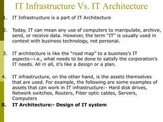 IT Infrastructure Vs. IT Architecture
1. IT Infrastructure is a part of IT Architecture
2. Today, IT can mean any use of computers to manipulate, archive,
send, or receive data. However, the term “IT” is usually used in
context with business technology, not personal.
3. IT architecture is like the “road map” to a business’s IT
aspects—i.e., what needs to be done to satisfy the corporation’s
IT needs. All in all, it’s like a design or a plan.
4. IT infrastructure, on the other hand, is the assets themselves
that are used. For example, the following are some examples of
assets that can work in IT infrastructure:- Hard disk drives,
Network switches, Routers, Fiber optic cables, Servers,
Computers
5. IT Architecture:- Design of IT system
 