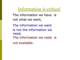 Information is critical
The information we have is
not what we want,
The information we want
is not the information we
need,
The information we need is
not available.
 