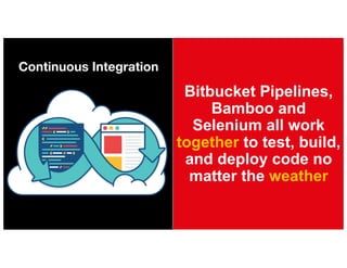 Bitbucket Pipelines,
Bamboo and
Selenium all work
together to test, build,
and deploy code no
matter the weather
Continuous Integration
 